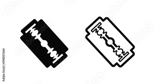 Two razor blades shown in contrasting black and white line art