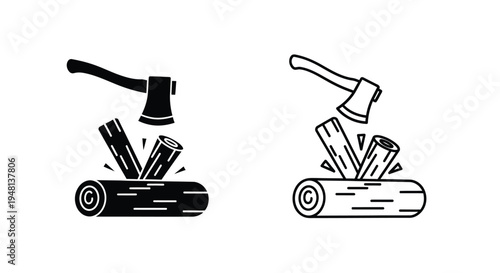 Black and white illustration of an axe chopping into a stack of logs