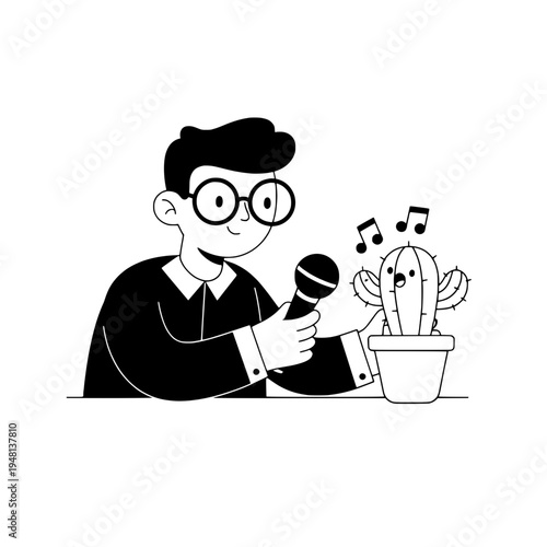 Cartoon podcast producer adjusting microphone in a minimalist line art style or Monochrome line art illustration of a podcaster at work with microphone and cactus