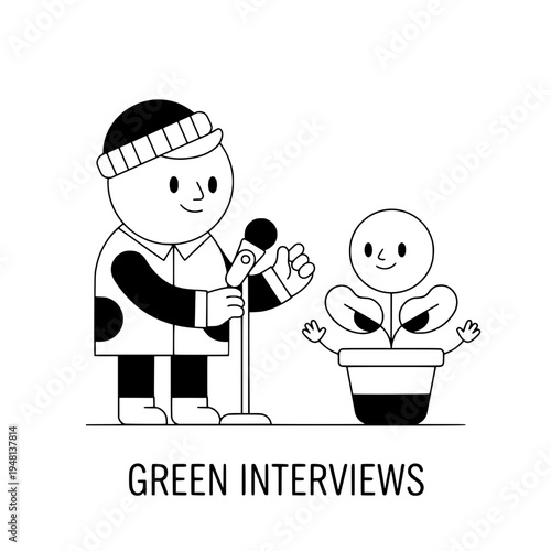 Cartoon podcast producer adjusting microphone on stand in clean line art style or Minimalist line art illustration of podcast scene with host adjusting the microphone