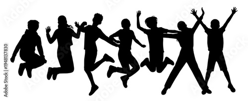People jumping together, full length portrait of a cheerful man and woman jumping silhouette