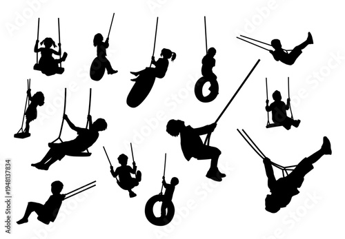 Swing children silhouette, kid toddler girl and boy swinging