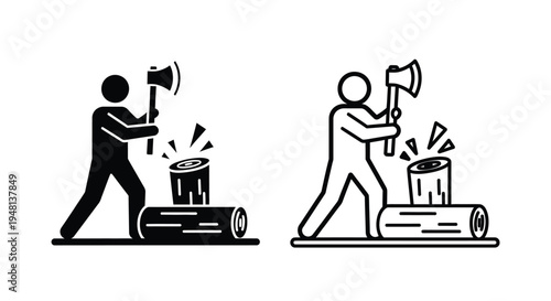 A lumberjack chopping wood with an axe depicted in a simple line style
