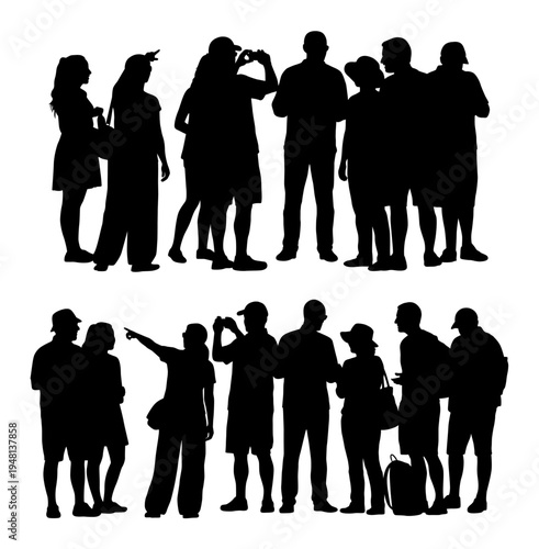 Tourists silhouette, tourists are sightseeing, taking pictures, talking to each other, traveling, visiting