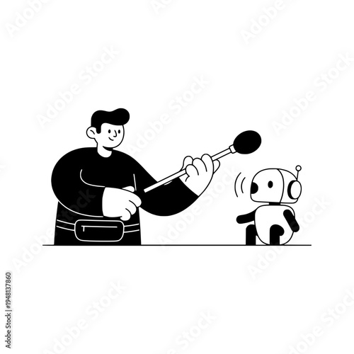 line art podcast microphone boom arm illustration for studio setup or vector black and white podcast producer with microphone and boom arm art