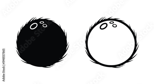 Two stylized spherical shapes one dark and one light with spiky outlines