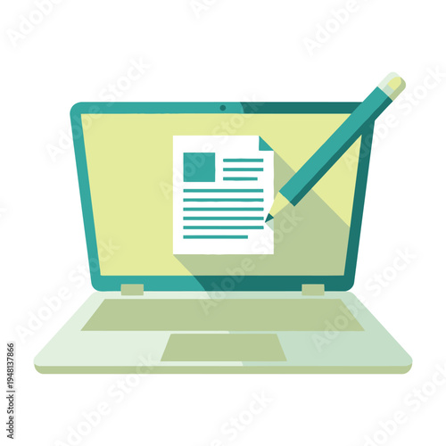 Modern laptop displaying a document with a green pencil hovering above it emphasizing editing and revision in a clean workspace setting