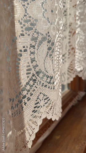 Wallpaper Mural A vintage white sheer curtain with a floral pattern gently sways at an open wooden window in the breeze. Torontodigital.ca