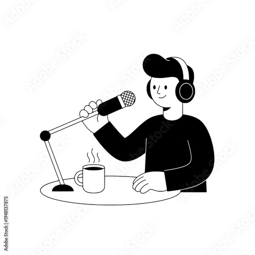 Line art podcast host with boom arm microphone and headphones recording or Vector illustration podcast studio setup with microphone boom and mug