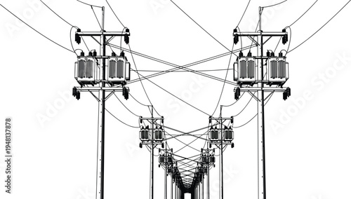 Black and white illustration of utility poles, electrical transformers, power lines, symmetrical