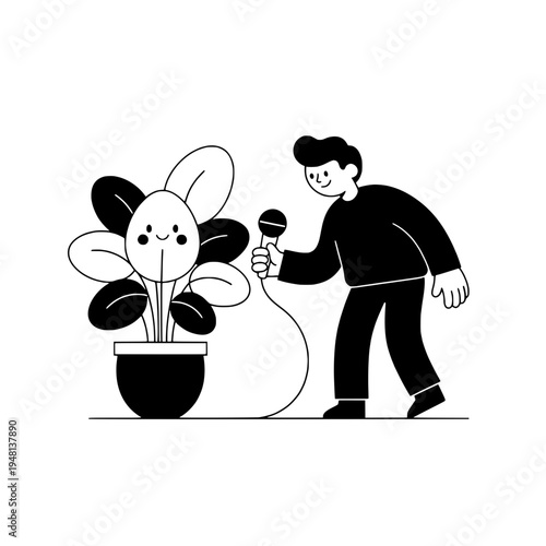 line art podcast producer adjusting a boom arm microphone beside a potted plant or studio podcast setup with a host positioning a boom microphone near a plant