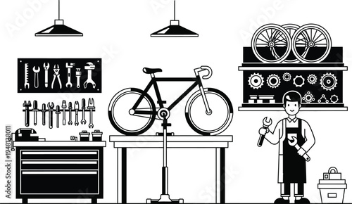 Bicycle repairman in workshop with tools