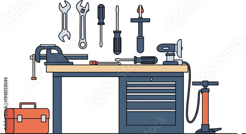 workshop tools and equipment on a workbench