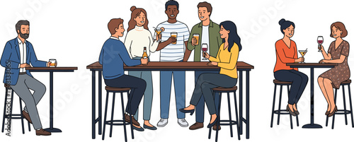 Cartoon bar scene with people drinking, social gathering, leisure, friendship, community, casual pub 