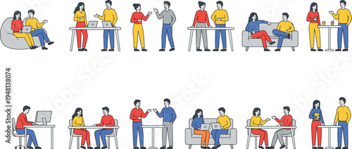 Cartoon business professionals collaborating in pairs, teamwork, communication, workplace diversity, office interaction, modern corporate illustration concept