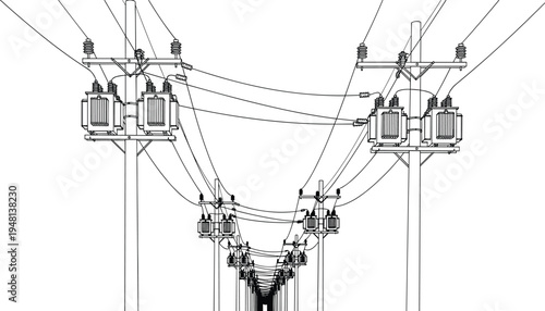 Detailed black and white utility poles illustration, electrical transformers, power lines network, infrastructure drawing, energy distribution system, technical vector art, educational design