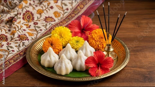 Traditional Offering Platter with White Modak Sweets Red and Yellow Hibiscus Flowers and Marigolds Incense Sticks Smoldering on a Brass Plate Adorned with Green Leaves Set Against a Textured Wooden