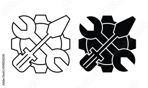 Crossed Wrench Screwdriver Gear Configurations Line Filled Black White Icons