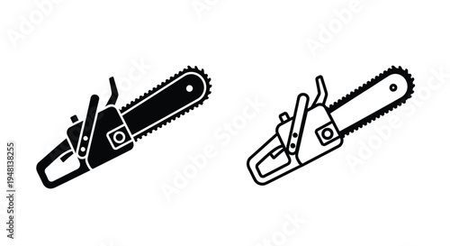 Two black and white illustrations depicting a gasoline powered chainsaw