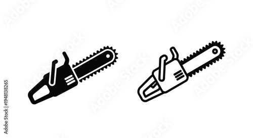 Two black and white icons depicting a gasoline powered chainsaw