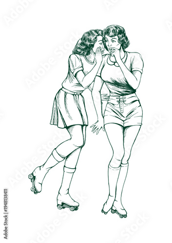 Two young women whispering secret while roller skating vintage style outline vector illustration