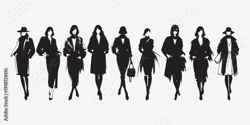 Black line art group of chic women runway walk dynamic fashion figures set Vector brush art