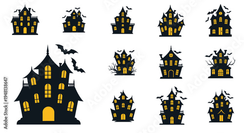 Collection of Spooky Haunted Houses with Bats for Halloween.