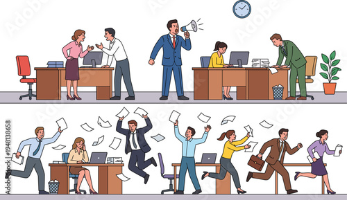 Cartoon office chaos illustration showing stressed employees, workplace conflict, flying papers, deadline crisis, disorganized teamwork, high-stress environment