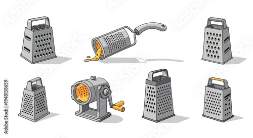 Collection of various kitchen graters including box and rotary types for food preparation.