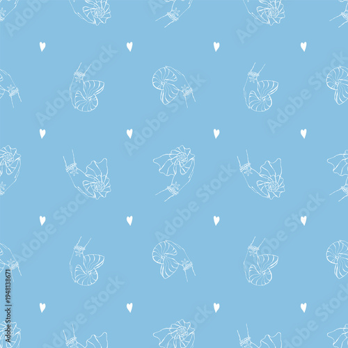Seamless shell pattern. A womans hand with bracelets holds a seashell. Hand-drawn white illustrations on a blue background. Nautical pastel design. Coastal and beach theme. Vector outline background.