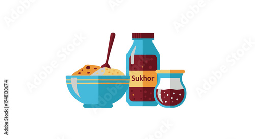 Flat design illustration of a breakfast meal: cereal bowl milk bottle and jam jar.