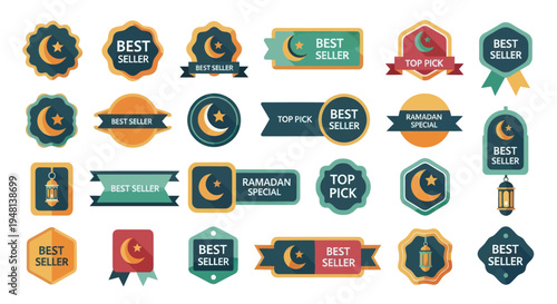 Islamic promotional badges and labels set with crescent moon star and Best Seller text.