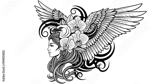 Eagle Winged Woman with Orchids and Tribal Swirls - Tattoo Design