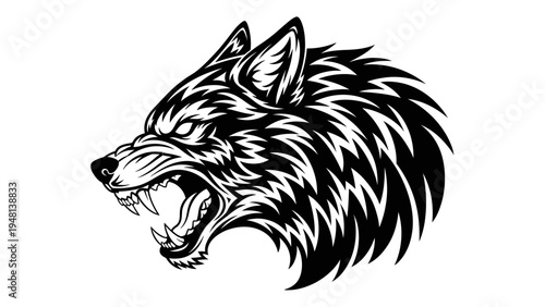Fierce Wolf Head Tattoo Design, Aggressive Animal Portrait, Tribal Style