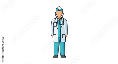 Illustrated doctor in blue scrubs white lab coat surgical cap and stethoscope.