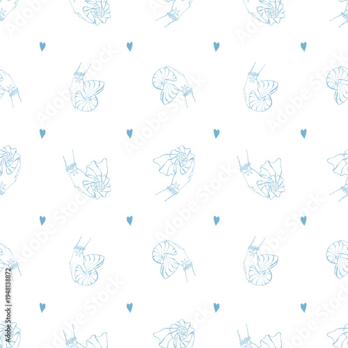 Seamless shell pattern. A womans hand with bracelets holds a seashell. Hand-drawn blue illustrations on a white background. Nautical pastel design. Coastal and beach theme. Vector outline background.