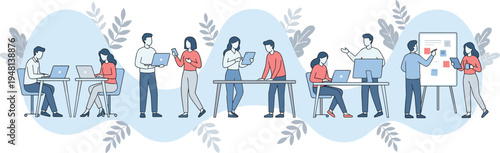 Collaborative teamwork illustration with professionals using laptops, tablets, mobile devices, presentation boards, modern office productivity environment