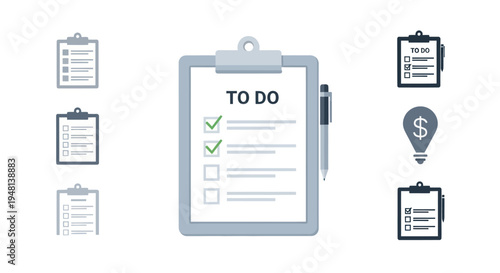 Vector icon set of a clipboard with a to-do list checkmarks and business planning symbols.