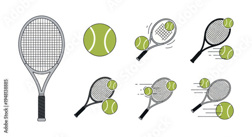 Collection of Tennis Rackets and Balls Illustrating Action and Movement.