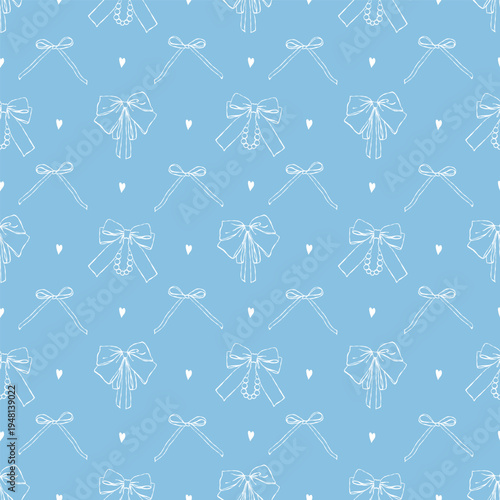 Pastel white bows and hearts on a blue background. Seamless girlish pattern of vintage ribbons and bows, vector line art, flirty feminine print, hand-drawn. Delicate retro illustration for holidays
