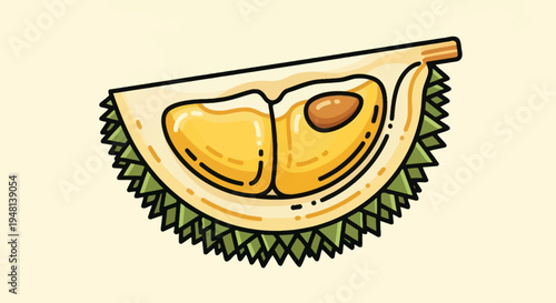 Illustration of a sliced durian fruit with yellow flesh and a seed.