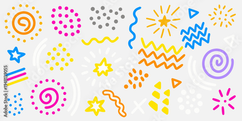 Colorful abstract shapes and patterns scattered across a light gray background