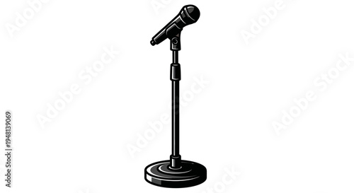 Classic dynamic microphone on a stand for performance or recording.
