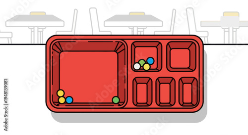 Illustration of a Red School Lunch Tray in a Cafeteria Setting