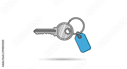 Silver key with a blue tag on a white background, symbolizing security.