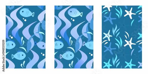 Three vertical panels featuring a blue underwater pattern with marine life