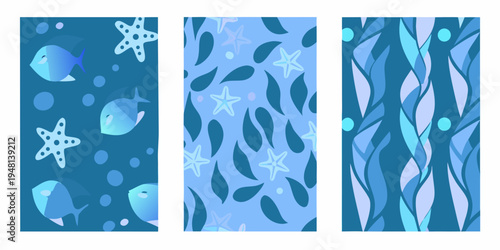 Three vertical panels displaying repeating oceanic patterns in blue hues