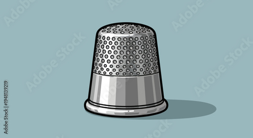 Cartoon style metal thimble illustration on a plain blue background.