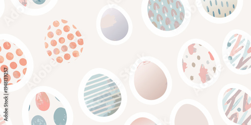 Pastel easter eggs with various patterns scattered on a light background
