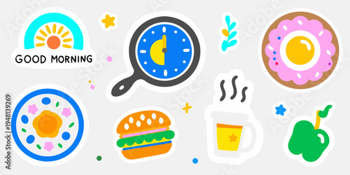 Colorful breakfast and food themed stickers on a light gray background